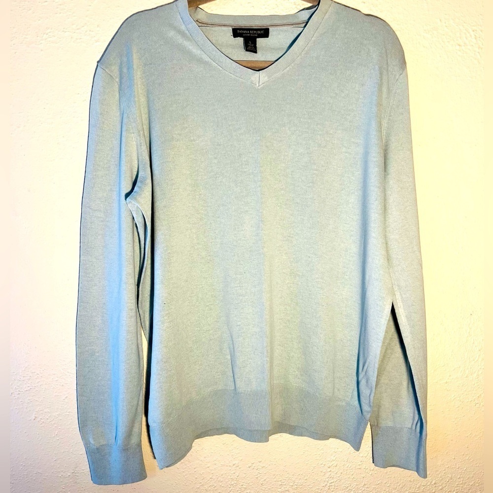 Banana Republic Silk Cashmere Luxury Blend Blue V Neck Long Sleeve Sweater Sz L - Picture 2 of 5